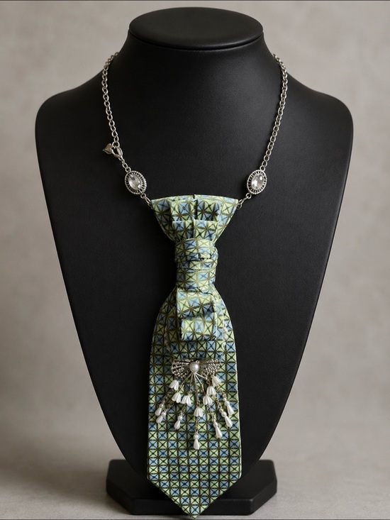 Handmade Jewelry - Geometric Green Blue Tie Necklace with Pearl Fringe Boho Chic Festival Vibes